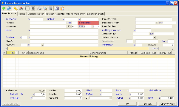 Maske Lieferschein schreiben
