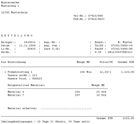 Bestellung zu einer Fremdproduktion mit Beistellware Bestellung zu einer Fremdproduktion mit Beistellware