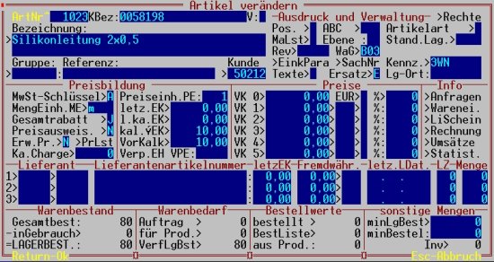 Die Artikelmaske mit den Feldern MaLst, VorKalk und Ka.Charge Die Artikelmaske mit den Feldern MaLst, VorKalk und Ka.Charge